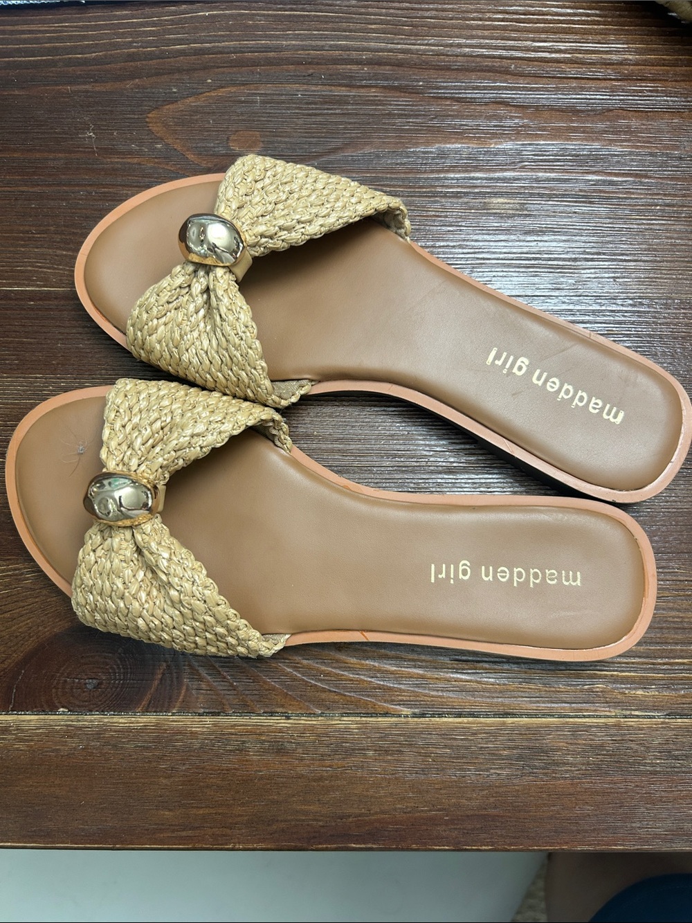 Madden Girl Tan Braided Knot Slide Sandals with Gold Accent